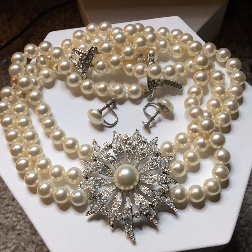 Vintage MCJ rhinestone pearl necklace, sterling ER - Picture 2 of 9
